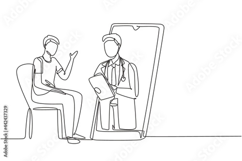 Continuous one line drawing male doctor holding clipboard checking condition of male patient sitting on chair. Online doctor consultation concept. Single line draw design vector graphic illustration