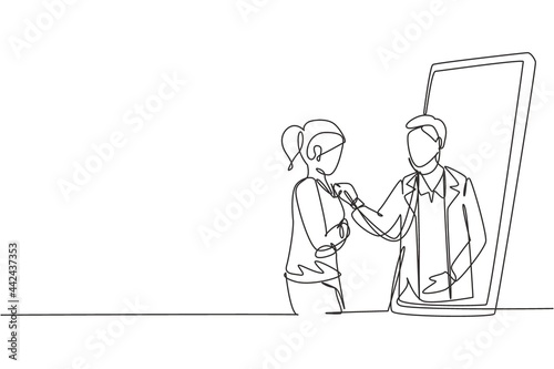Single continuous line drawing male doctor comes out of smartphone screen and checks female patient's heart rate using a stethoscope. Online doctor. One line draw graphic design vector illustration