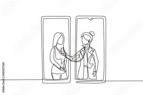 Single continuous line drawing two smartphones facing each other with female doctor checking heart rate of female patient using stethoscope. Dynamic one line draw graphic design vector illustration