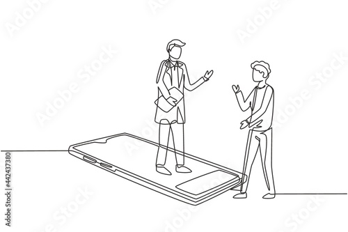 Single continuous line drawing male doctor standing on smartphone, in front of his standing male patient. Online medical services and consultation. One line draw graphic design vector illustration