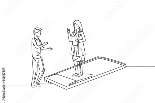 Single continuous line drawing female doctor standing on smartphone  in front of her standing male patient. Online doctor consultation concept. Dynamic one line draw graphic design vector illustration