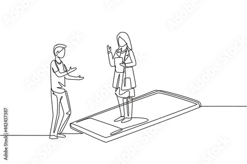 Single continuous line drawing female doctor standing on smartphone, in front of her standing male patient. Online doctor consultation concept. Dynamic one line draw graphic design vector illustration