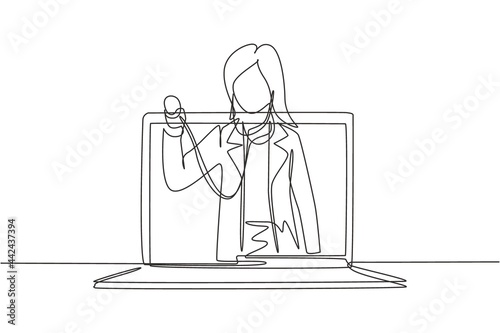 Continuous one line drawing female doctor comes out of laptop screen holding stethoscope. Online medical services, medical consultation concept. Single line draw design vector graphic illustration