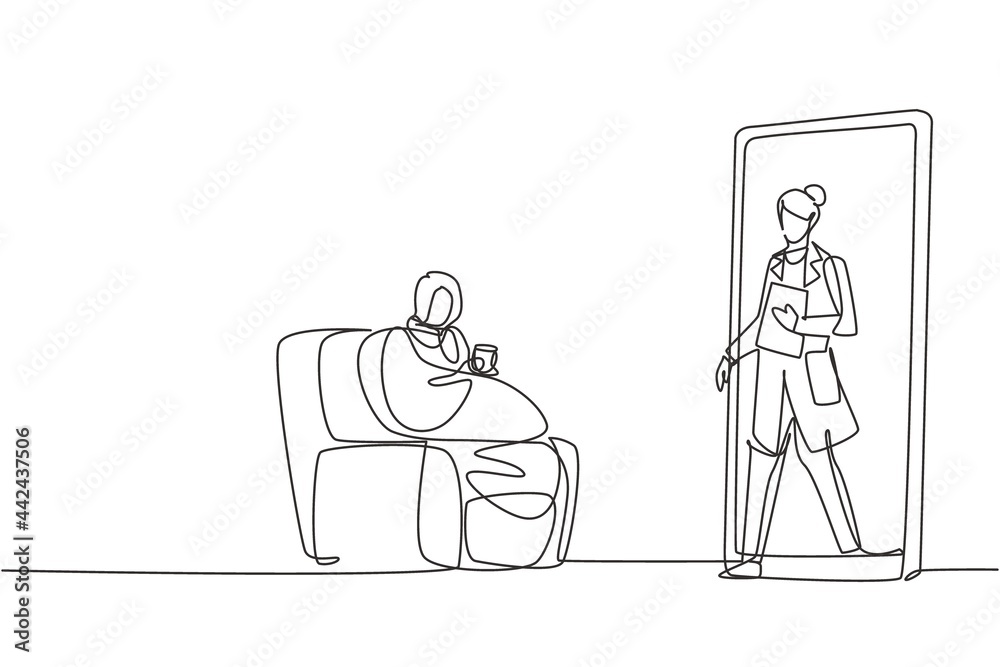 Continuous one line drawing female patient sitting curled up on sofa, using blanket, holding mug and there is female doctor walking out of smartphone, holding clipboard. Single line draw design vector Continuous one line drawing female patient sitting curled up on sofa, using blanket, holding mug and there is female doctor walking out of smartphone, holding clipboard. Single line draw design vector