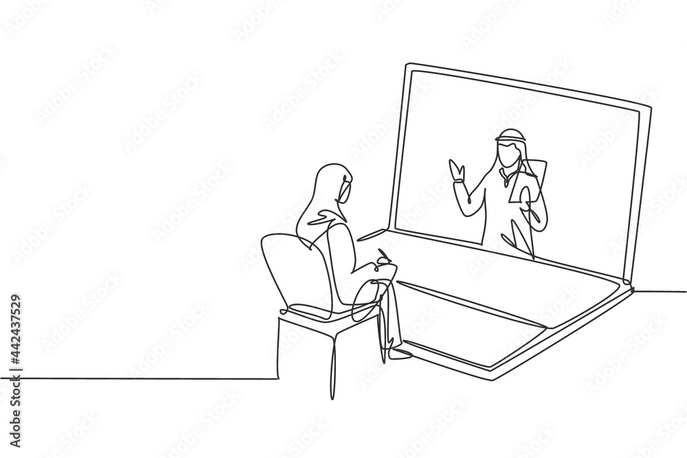 Single one line drawing hijab female student sitting studying staring at laptop screen and inside laptop there is male Arab lecturer who is teaching. Continuous draw design graphic vector illustration