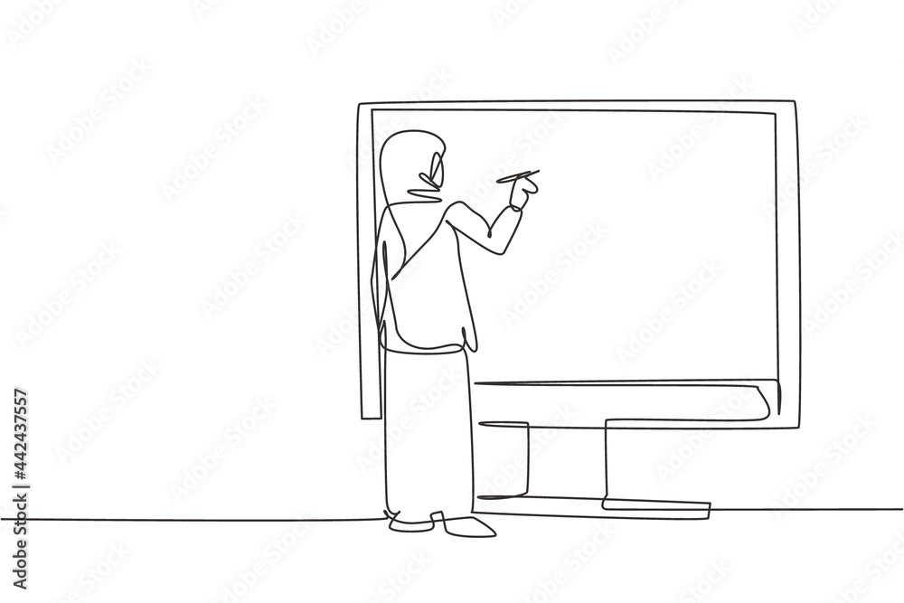 Single one line drawing Arabian female junior high school student writing on giant monitor screen like she was writing on whiteboard. Modern continuous line draw design graphic vector illustration Single one line drawing Arabian female junior high school student writing on giant monitor screen like she was writing on whiteboard. Modern continuous line draw design graphic vector illustration