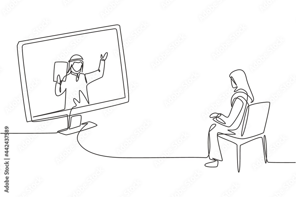 Continuous one line drawing hijab female student sitting studying staring at monitor screen and inside laptop there is male Arabian lecturer who is teaching. Single design vector graphic illustration