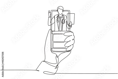 Continuous one line drawing hand holding smartphone and there is male doctor coming out of smartphone screen holding clipboard. Online consultation concept. Single line draw design vector graphic
