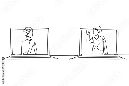 Continuous one line drawing two laptops are standing in front of each other, one side contains Arab male student studying and the other contains hijab female teacher teaching. Single line draw design