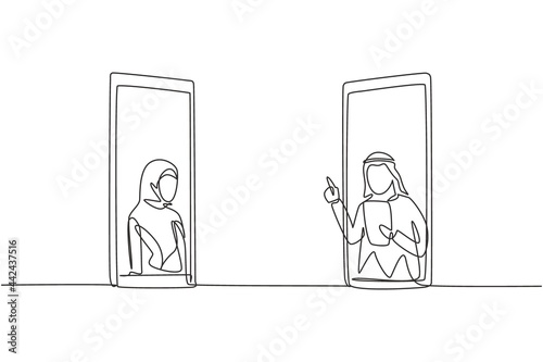 Single one line drawing two smartphones are standing in front of each other, one side contains hijab female student studying and the other contains Arab male teacher teaching. Line draw design graphic