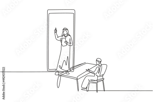 Single continuous line drawing Arab male teacher standing in front of smartphone screen holding book and teaching Arabian male students sitting on benches around desk. Dynamic one line draw graphic