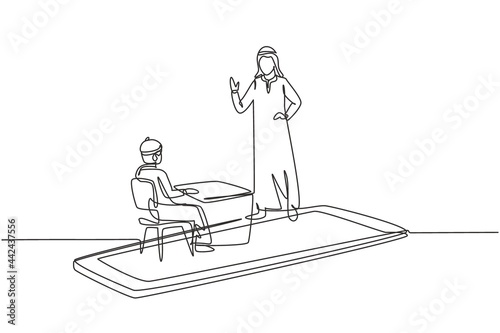 Continuous one line drawing Arabian male teacher teaching male junior high school student who sits on bench around desk and studies on smartphone. Single line draw design vector graphic illustration