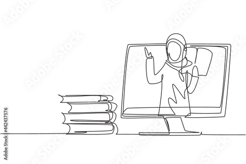 Single continuous line drawing Arabian female teacher is teaching, half of her body is out of monitor screen and beside her is pile of books. Dynamic one line draw graphic design vector illustration