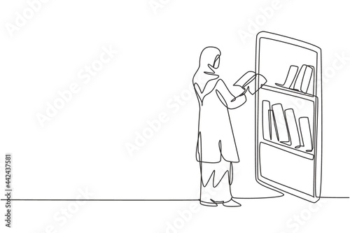 Continuous one line drawing young Arabian female college student reading book while standing in front of smartphone with bookshelf on screen. Single line draw design vector graphic illustration