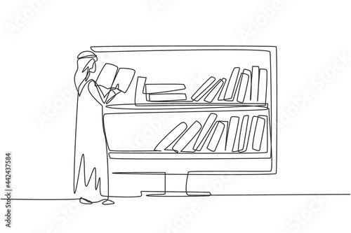 Continuous one line drawing Arab male college student reading book while standing in front of monitor with bookshelf on screen. Education concept. Single line draw design vector graphic illustration