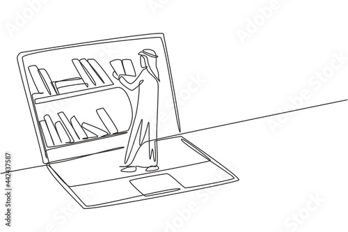 Single continuous line drawing young Arab male college student reading book while standing in front of laptop screen with bookshelf on screen. Dynamic one line draw graphic design vector illustration