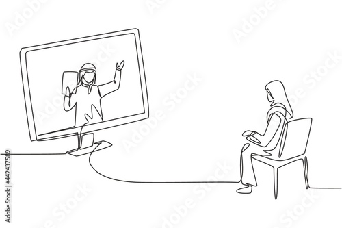 Continuous one line drawing hijab female student sitting studying staring at monitor screen and inside laptop there is male Arabian lecturer who is teaching. Single design vector graphic illustration