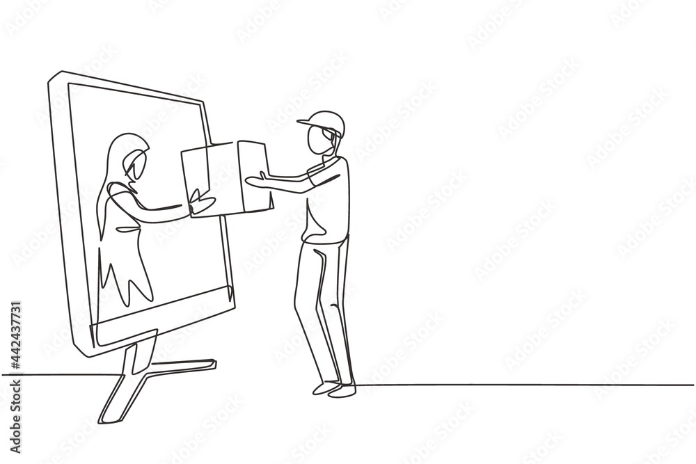 Single one line drawing of Arabian female customer receives boxed package, through monitor screen from courier. Online delivery service. Modern continuous line draw design graphic vector illustration Single one line drawing of Arabian female customer receives boxed package, through monitor screen from courier. Online delivery service. Modern continuous line draw design graphic vector illustration