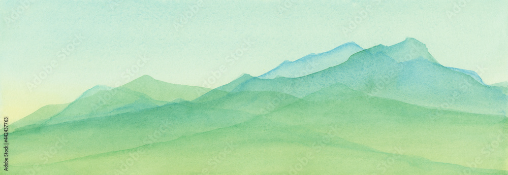 Mountains in blue green watercolor painted illustration, mountain range background, scenic landscape for travel or tourism background, nature and outdoors illustration - obrazy, fototapety, plakaty 