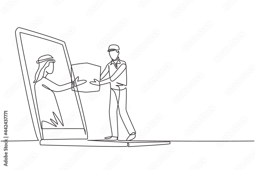 Single one line drawing Arabian male customer receives boxed package, through laptop screen from male courier. Online delivery service. Modern continuous line draw design graphic vector illustration
