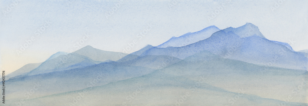 Mountains in blue watercolor painted illustration, mountain range background, scenic landscape for travel or tourism background, nature and outdoors illustration - obrazy, fototapety, plakaty 