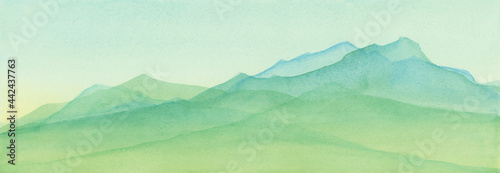 Photography Mountains in blue green watercolor painted illustration, mountain range backgrou