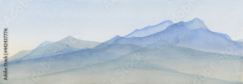Mountains in blue watercolor painted illustration, mountain range background, scenic landscape for travel or tourism background, nature and outdoors illustration