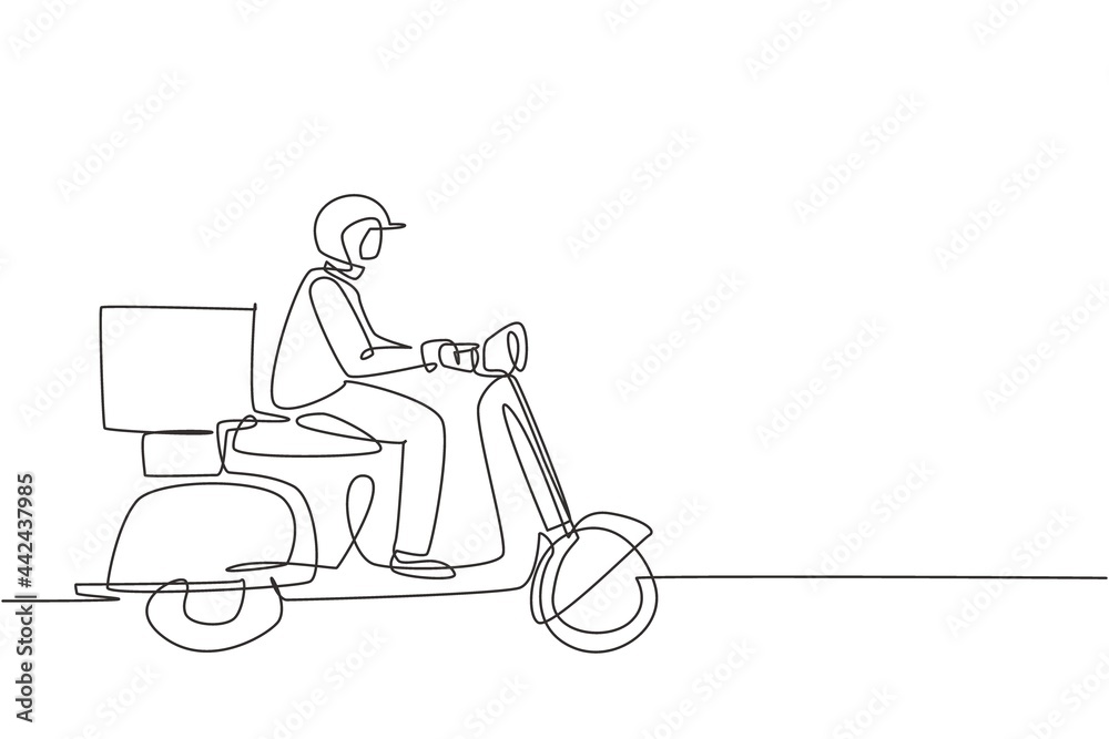 Single continuous line drawing courier riding scooter with box package. Online shopping. Online delivery service. Fast delivery parcel concept. Dynamic one line draw graphic design vector illustration Single continuous line drawing courier riding scooter with box package. Online shopping. Online delivery service. Fast delivery parcel concept. Dynamic one line draw graphic design vector illustration