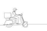 Single continuous line drawing courier riding scooter with box package. Online shopping. Online delivery service. Fast delivery parcel concept. Dynamic one line draw graphic design vector illustration