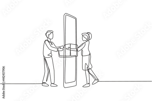 Single continuous line drawing courier delivers box package, through smartphone screen to female customer. Online delivery service concept. Dynamic one line draw graphic design vector illustration
