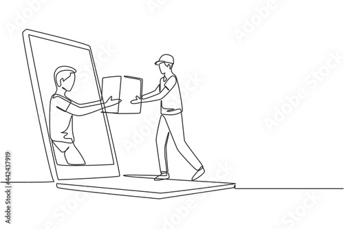 Continuous one line drawing male customer receives boxed package, through laptop screen from male courier. E-shop. Online delivery service concept. Single line draw design vector graphic illustration