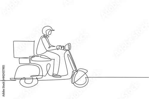 Single continuous line drawing courier riding scooter with box package. Online shopping. Online delivery service. Fast delivery parcel concept. Dynamic one line draw graphic design vector illustration © Simple Line
