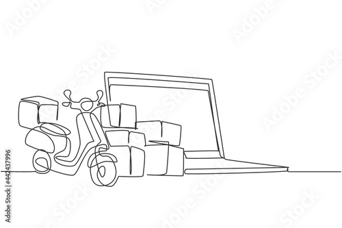 Single continuous line drawing giant laptop standing in front of courier scooter and pile of package boxes. Online delivery service concept. Dynamic one line draw graphic design vector illustration