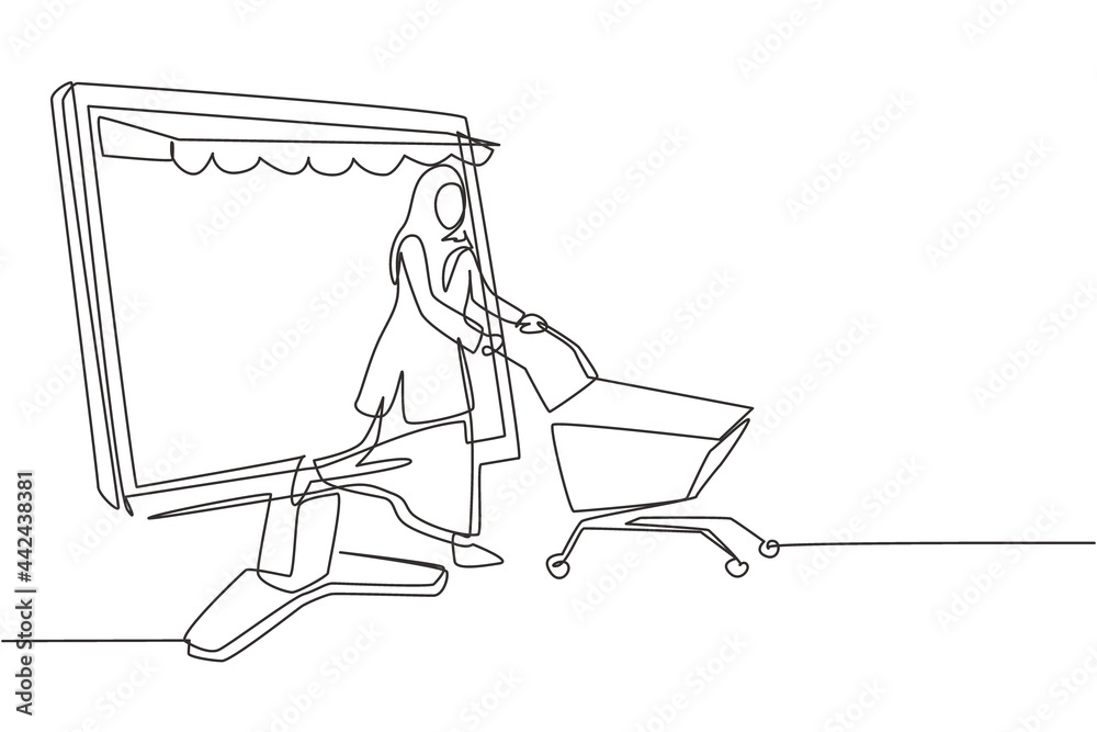 Fototapeta premium Single continuous line drawing Arab woman coming out of canopy monitor screen pushing a shopping cart. Digital lifestyle consumerism concept. Dynamic one line draw graphic design vector illustration