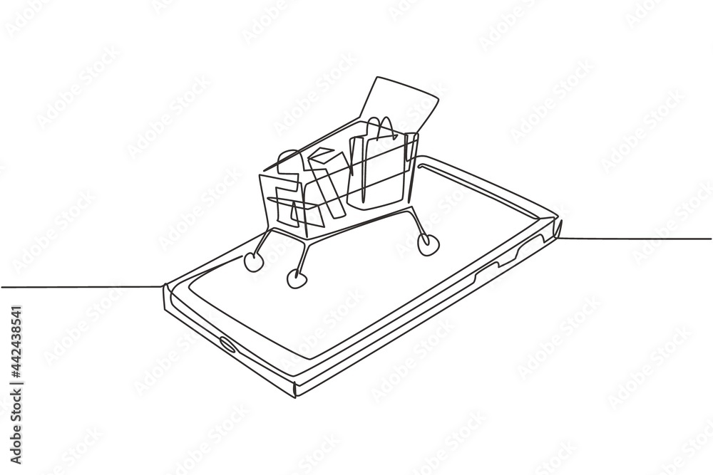 Single one line drawing shopping cart containing goods on smartphone screen. Sale, digital lifestyle with internet and gadgets concept. Modern continuous line draw design graphic vector illustration
