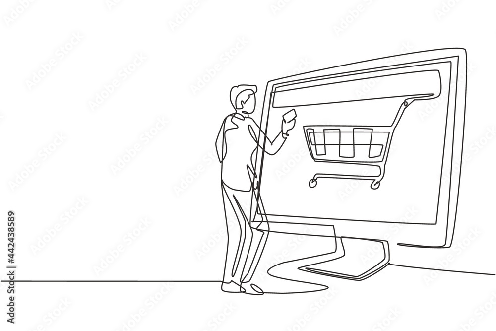 Continuous one line drawing young man shopping online via giant ...