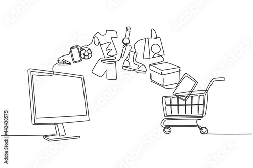 Single one line drawing monitor screen and shopping cart with products purchased online. E-commerce and digital marketing. Order to cart. Modern continuous line draw design graphic vector illustration