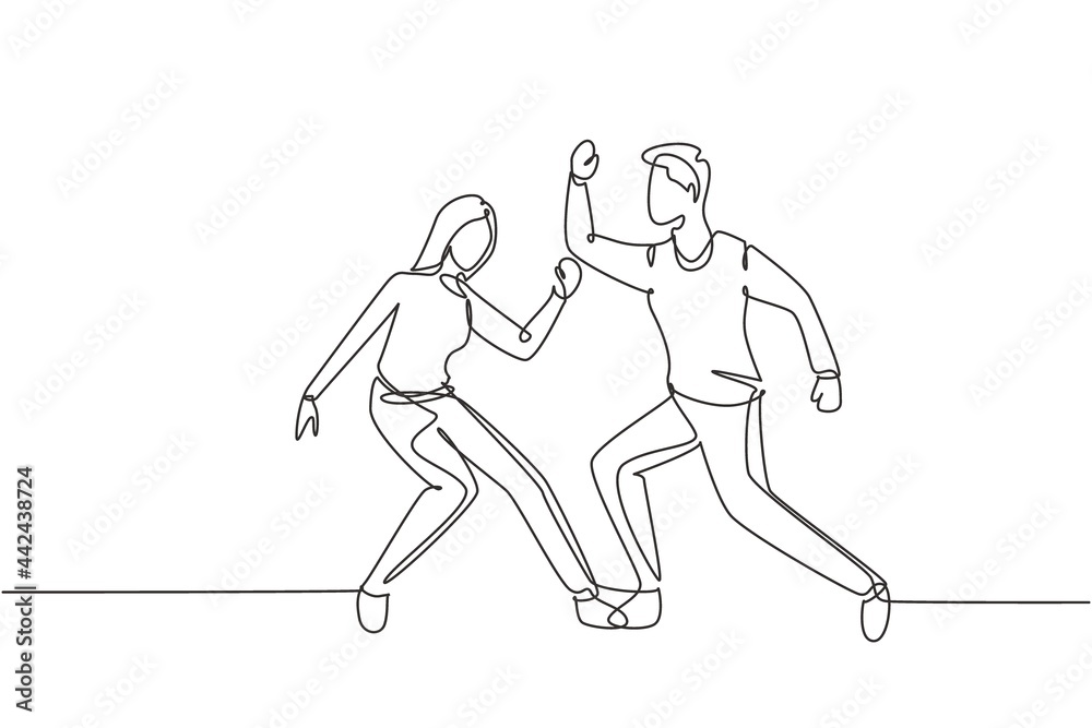 Obraz premium Continuous one line drawing man and woman dancing Lindy hop or Swing. Male and female characters performing dance at school or party. Fun lifestyle. Single line draw design vector graphic illustration