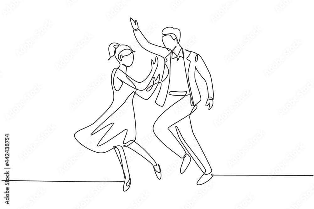 Single continuous line drawing man and woman performing dance at school ...