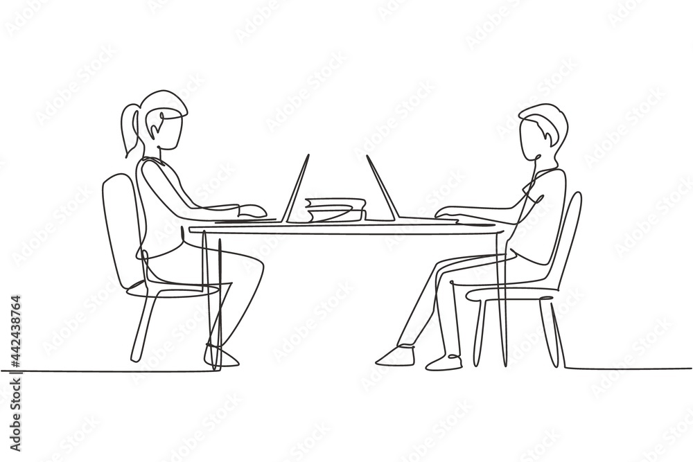 Single continuous line drawing boy and girl students studying with laptop and sitting on chairs around desk. Back to school, online education concept. One line draw graphic design vector illustration