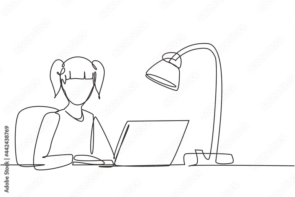 Single continuous line drawing girl studying with laptop and study lamp sitting on chair around desk. Back to school, online education concept. Dynamic one line draw graphic design vector illustration