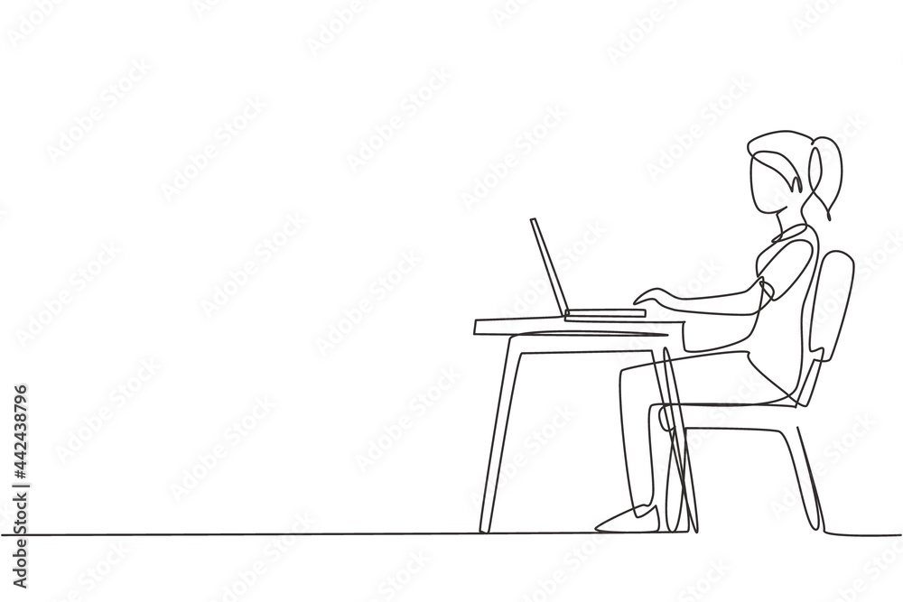 Continuous one line drawing young girl with laptop sitting on chair around desk. Freelance, distance learning, online courses, and studying concept. Single line draw design vector graphic illustration Continuous one line drawing young girl with laptop sitting on chair around desk. Freelance, distance learning, online courses, and studying concept. Single line draw design vector graphic illustration