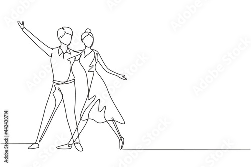 Continuous one line drawing male female professional dancer couple dancing tango, waltz dances together on dancing contest dancefloor. Fun activity. Single line draw design vector graphic illustration photo