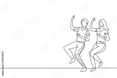 Single continuous line drawing man and woman dancing Lindy hop or Swing. Male and female characters performing dance at school. Happy couple. Dynamic one line draw graphic design vector illustration