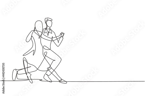 Single continuous line drawing people dancing salsa. Couples, man and woman in dance. Pairs of dancers with waltz tango and salsa styles moves. Dynamic one line draw graphic design vector illustration