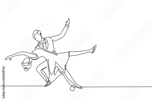 Continuous one line drawing young man and woman professional dancer couple dancing tango, waltz dances on dancing contest dancefloor. Elegant style. Single line draw design vector graphic illustration