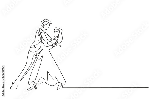 Single one line drawing man and woman romantic professional dancer couple dancing tango, waltz dances on dancing contest dancefloor. Modern continuous line draw design graphic vector illustration