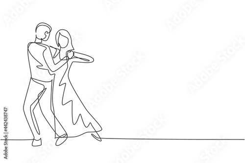 Single one line drawing man woman professional dancer couple dancing tango, waltz dances on dancing contest dancefloor. Happy lifestyle. Modern continuous line draw design graphic vector illustration