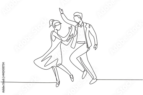 Single continuous line drawing man and woman performing dance at school, studio, party. Male and female characters dancing tango at Milonga. Dynamic one line draw graphic design vector illustration