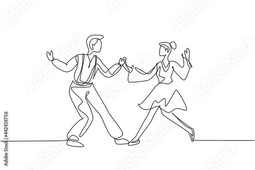Continuous one line drawing man and woman dancing Lindy hop or Swing together. Male and female characters performing dance at school or party. Single line draw design vector graphic illustration